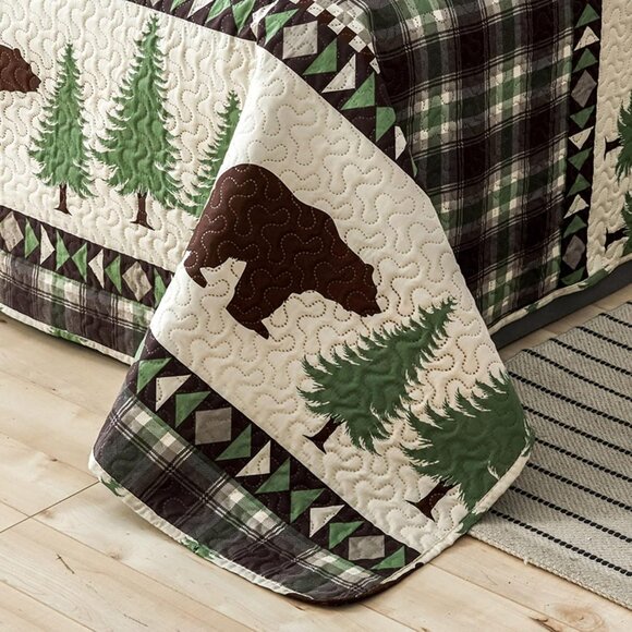 NEW Quilts Queen Size, 3Pcs Rustic Cabin Bedspread Coverlet Set Bear Green Pines - Picture 7 of 8